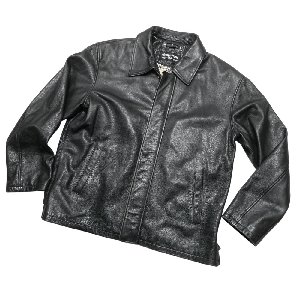 Hunting Horse Jacket Mens‎ Large Black Leather Lined Motorcycle Biker Full Zip